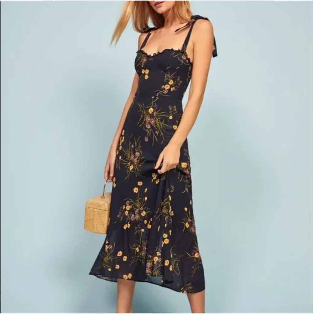 Reformation Navy Floral Midi Dress with Yellow & Green Accents - Picture 6 of 13